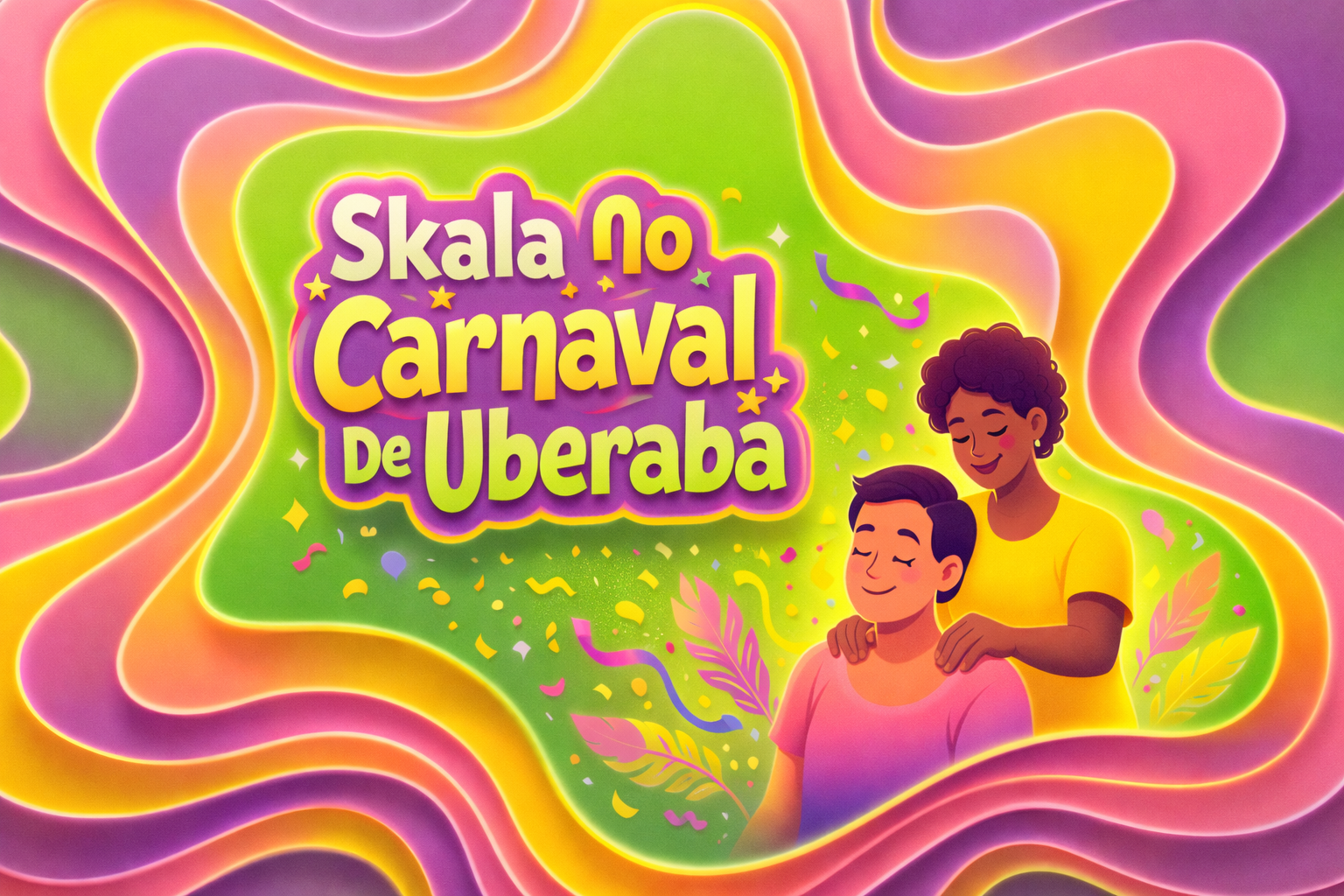 Ilustração colorida da Skala no Carnaval de Uberaba com fundo vibrante em verde, amarelo, rosa e roxo, mostrando uma pessoa fazendo massagem em outra em clima festivo.