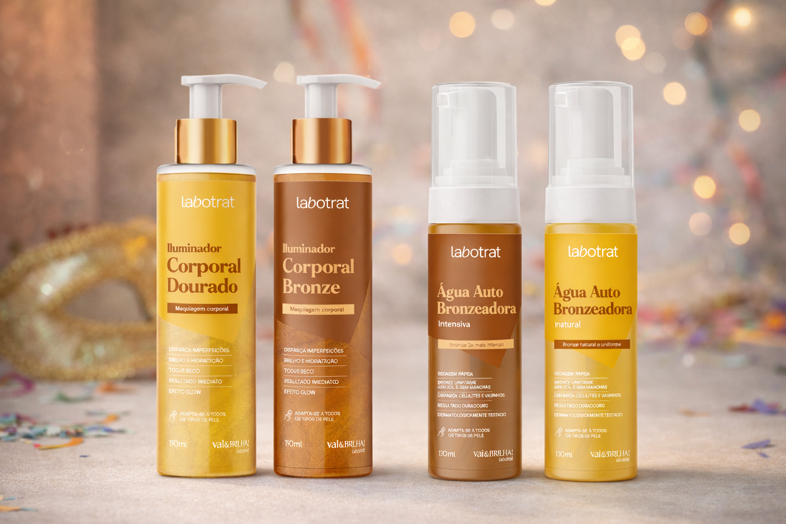 Produtos Labotrat da linha Vai & Brilha, com iluminadores corporais dourado e bronze e águas autobronzeadoras natural e intensiva em cenário editorial de Carnaval.