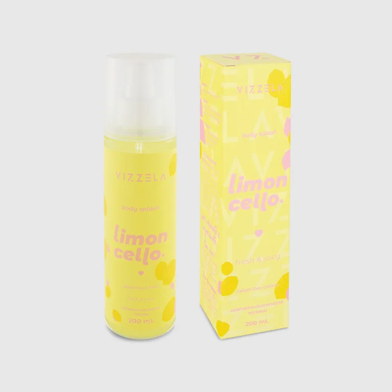 Body Splash Limoncello vizzela 200ml com caixa personalizada amarela ao lado do frasco, embalagem com design cítrico fresh & juicy.