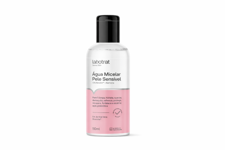 Água micelar pele sensível labotrat 110ml com aloe vera e ação probiótica para limpeza suave e hidratação.