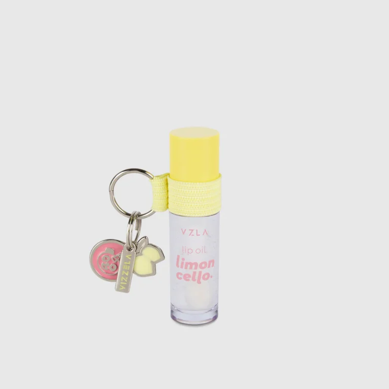Lip Oil Limoncello vizzela com chaveiro acoplado, frasco transparente e tampa amarela, gloss hidratante inspirado no limão siciliano.