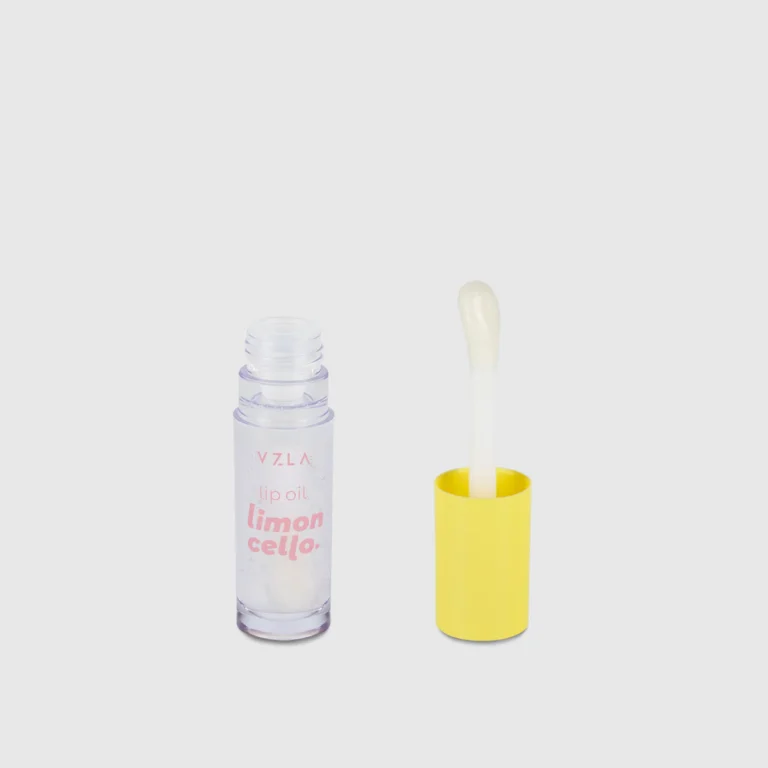 Lip Oil Limoncello vizzela aberto com aplicador visível, embalagem transparente e tampa amarela, gloss hidratante 6ml.