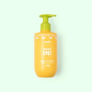 Hidratante corporal melu Made In mousse de banana 220g em embalagem amarela com pump verde.