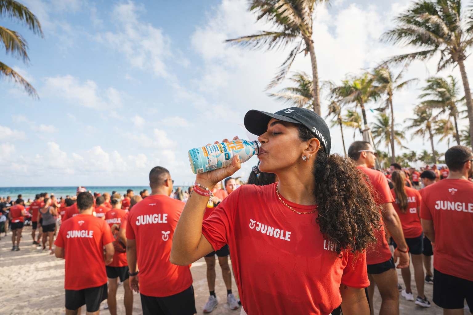 Jungle Low-Carb Maracujá sendo consumido durante evento ao ar livre na praia, reforçando hidratação diária em dias quentes.