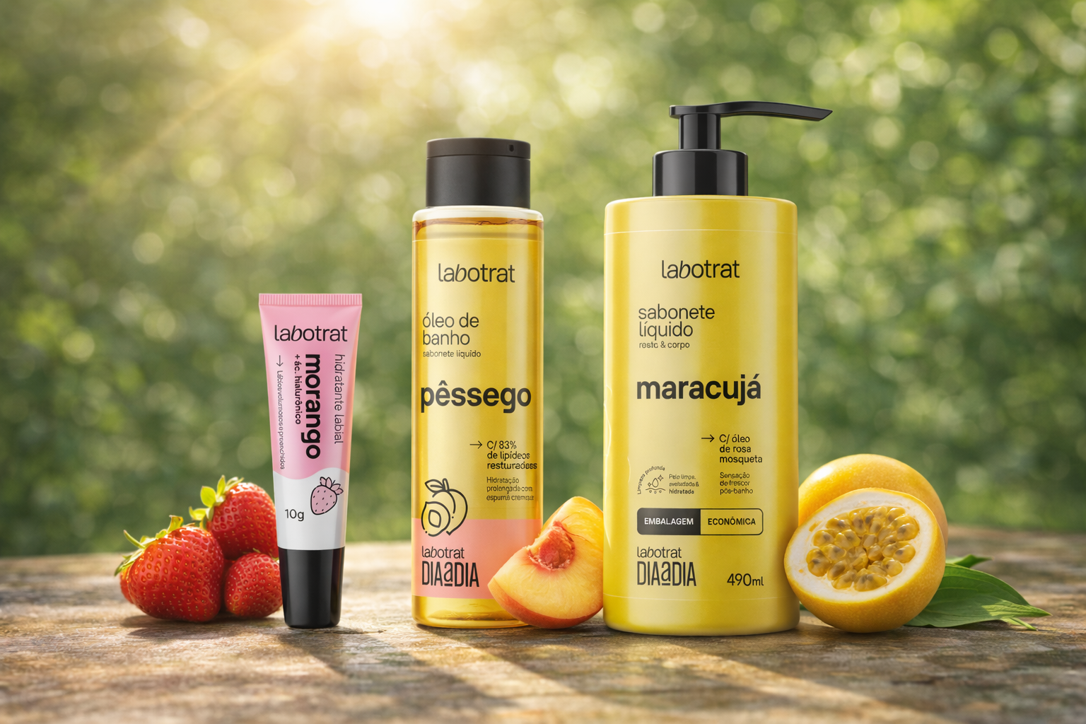 Labotrat linha Dia a Dia com hidratante labial morango, óleo de banho pêssego e sabonete líquido maracujá sobre superfície de madeira com frutas frescas ao redor e fundo verde desfocado.