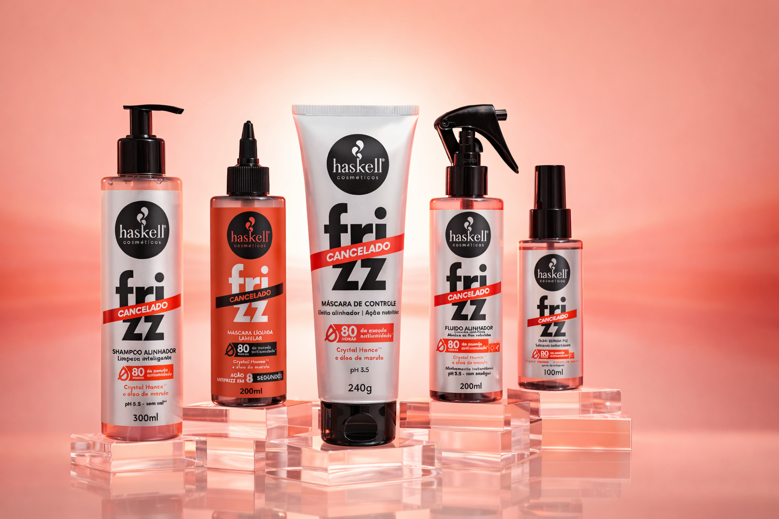 Linha Frizz Cancelado Da Haskell Cosméticos Com Shampoo, Máscara, Fluido E Óleo Capilar Para Controle Do Frizz