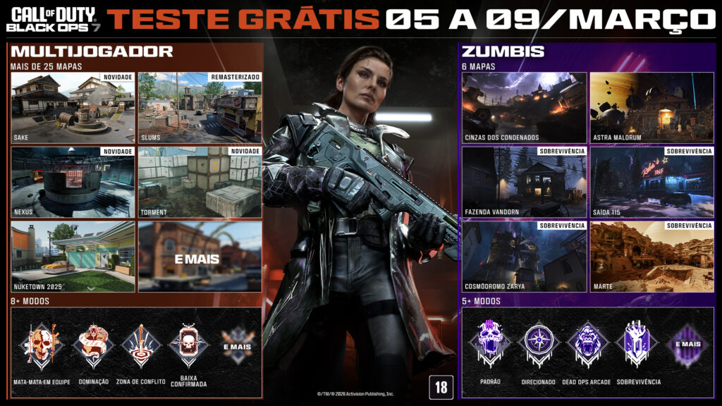 Banner de Call of Duty Black Ops 7 anunciando teste grátis de 5 a 9 de março com mapas multiplayer, modos de jogo e conteúdo Zombies.