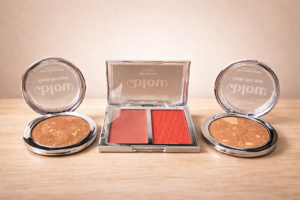 Produtos abertos da linha Blow da ruby rose com bronzer baked e blush duo em destaque mostrando textura e cores
