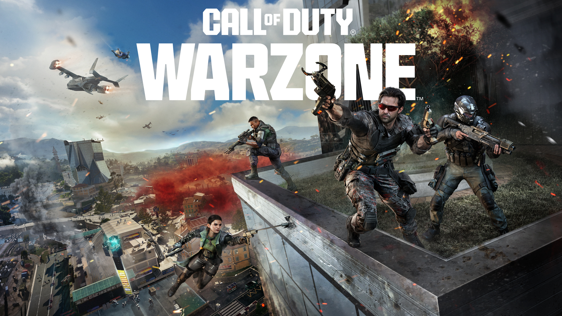 Cena promocional de Call Of Duty Warzone mostrando soldados em combate sobre um prédio enquanto explosões e helicópteros dominam o céu da cidade.