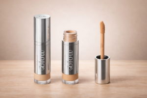 Corretivo líquido Blow da ruby rose com aplicador em destaque e embalagem aberta sobre fundo neutro