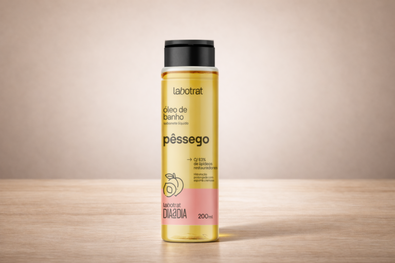 Labotrat óleo de banho pêssego 200ml da linha Dia a Dia em fundo minimalista bege sobre mesa de madeira com iluminação suave.