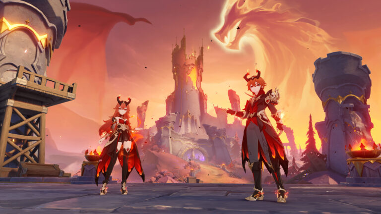 Cena de Genshin Impact com personagens Pyro diante de fortaleza em chamas, destacando atmosfera intensa e combate iminente.