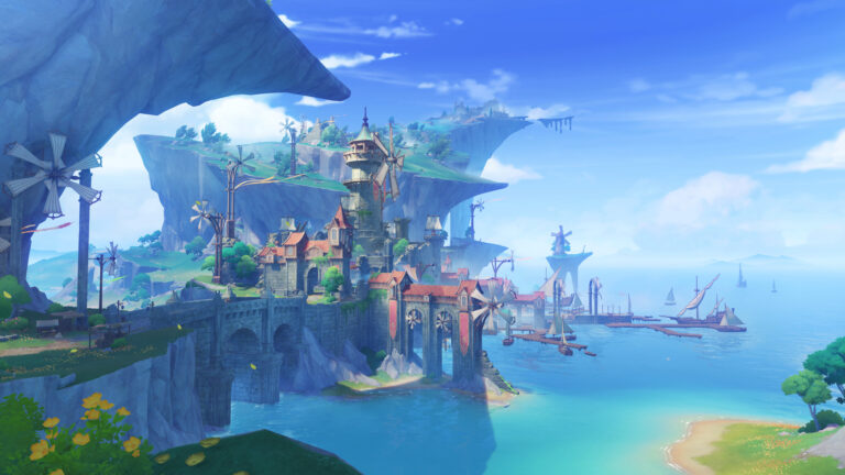 Paisagem costeira de Genshin Impact com cidade portuária, moinhos de vento e ilhas flutuantes ao fundo em céu azul.