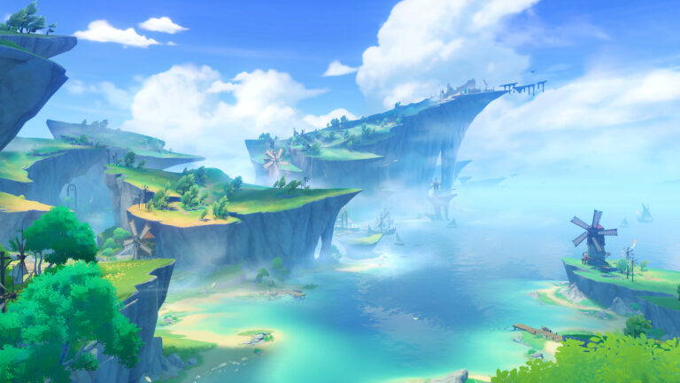 Vista panorâmica de Genshin Impact com arquipélago, águas cristalinas, moinhos e grandes formações rochosas suspensas.