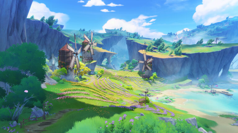 Campo aberto de Genshin Impact com moinhos, plantações coloridas e relevo elevado próximo ao litoral.