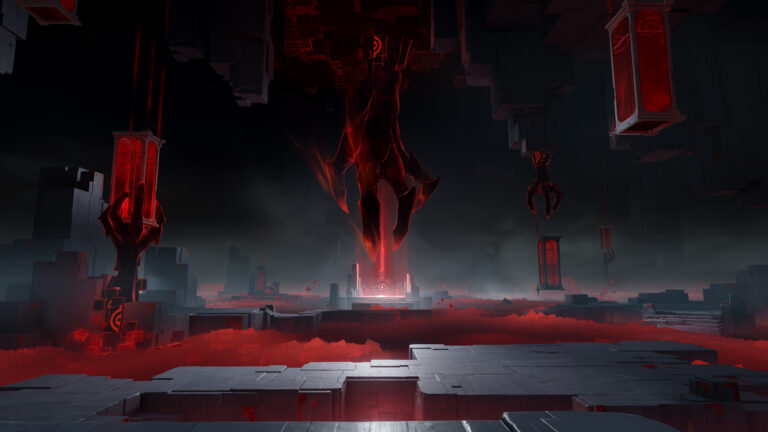 Cenário sombrio de Genshin Impact com estrutura vermelha suspensa, energia intensa e ambiente tecnológico ameaçador.