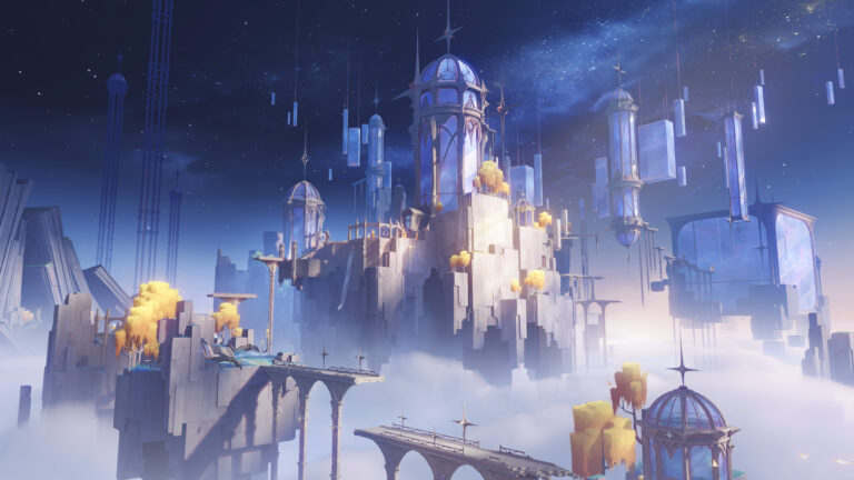 Cena de Genshin Impact mostrando o Templo do Espaço flutuante com estruturas suspensas, céu estrelado e arquitetura celestial detalhada.
