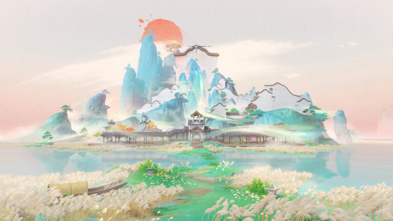 Paisagem artística de Genshin Impact inspirada em Liyue, com montanhas estilizadas, arquitetura tradicional e cenário sereno.