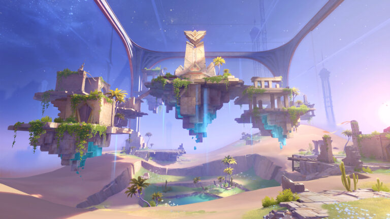 Ambiente de Genshin Impact com ilhas flutuantes em região desértica, ruínas antigas e energia azul destacando a exploração vertical.