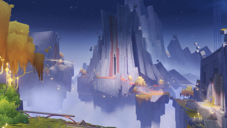 Região misteriosa de Genshin Impact com montanha fragmentada, plataformas suspensas e atmosfera etérea iluminada por luz suave.