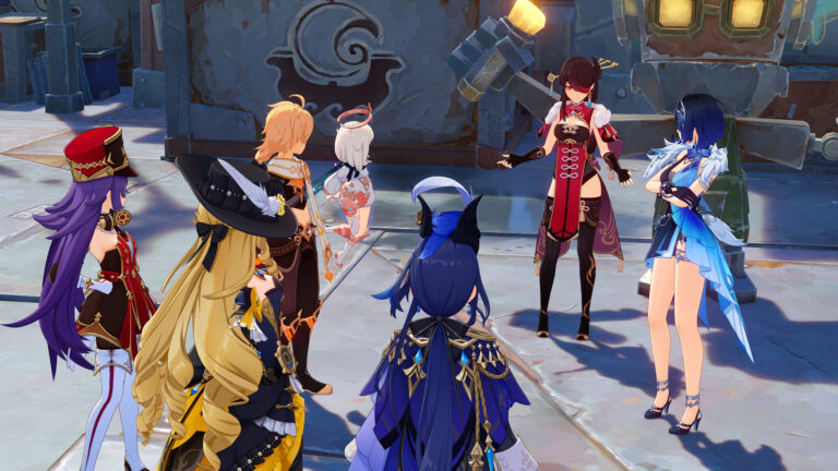 Cena de Genshin Impact com vários personagens reunidos em diálogo, destacando interação narrativa em área urbana do jogo.