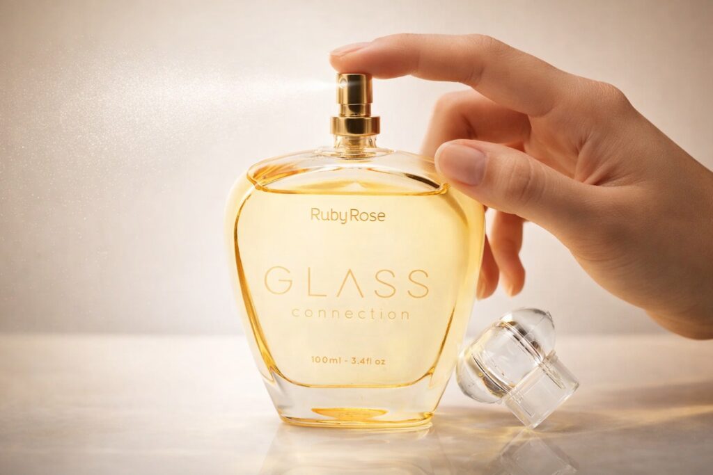 Perfume Ruby Rose Glass Connection sendo aplicado com spray, mostrando fragrância dourada em frasco elegante sobre superfície clara
