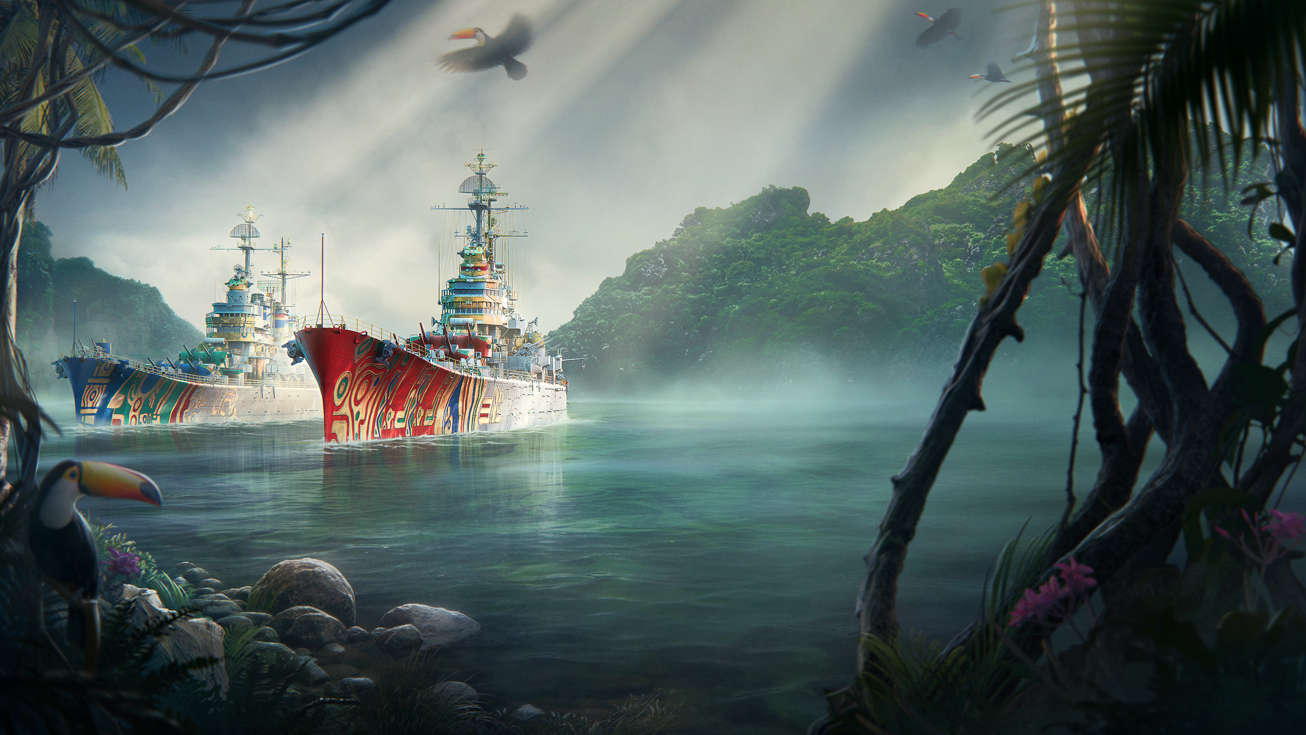 Imagem de navios de guerra em World of Warships: Legends navegando em cenário tropical com floresta ao fundo e luz suave sobre a água.