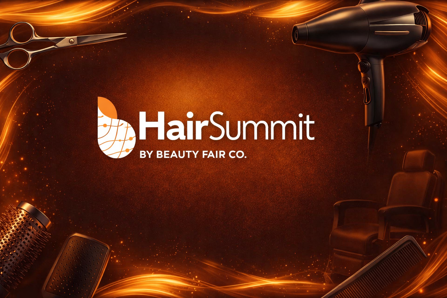 Capa editorial do Hair Summit by Beauty Fair Co com fundo laranja em degradê, ondas luminosas que lembram fios de cabelo e ferramentas profissionais de salão como tesoura, secador, escovas e cadeira de cabeleireiro ao redor do logo central.