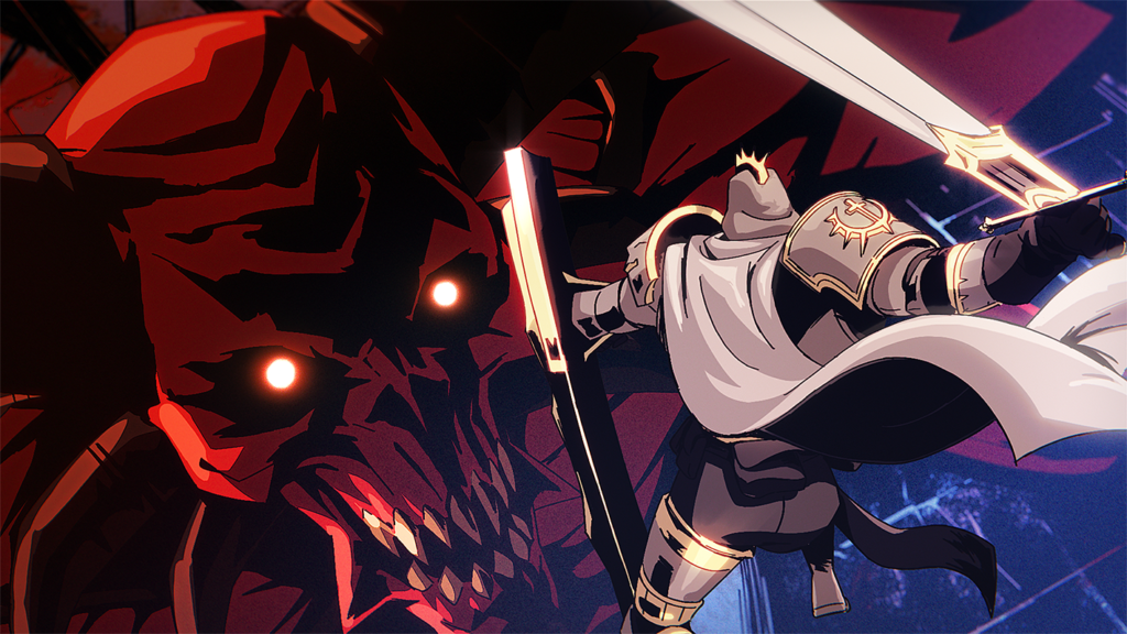 Guerreiro enfrenta criatura demoníaca em cena estilizada com espada em punho e olhos brilhantes, destacando o confronto sombrio no universo de Diablo IV.