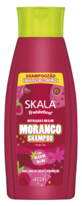 Shampoo Skala Frutástica Morango 600ml para cabelos secos e sem brilho, com óleo de oliva e ação nutritiva.
