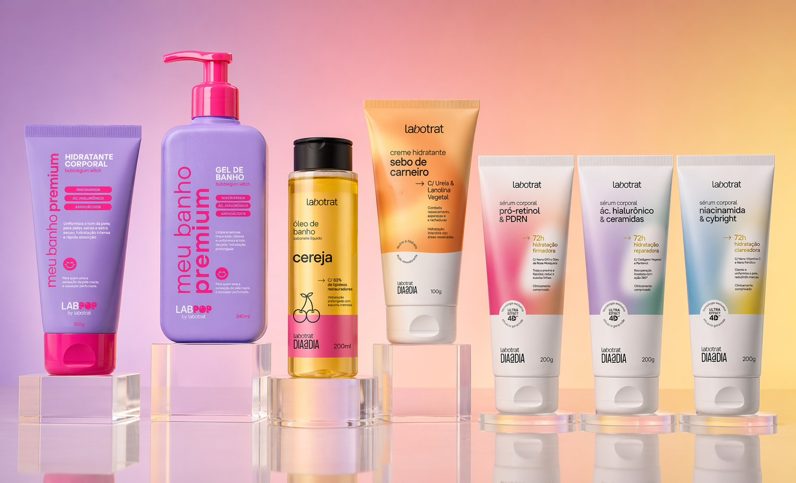 Imagem de campanha de skincare da labotrat com linha completa de produtos corporais organizados sobre blocos acrílicos, incluindo hidratante corporal, gel de banho, óleo de banho cereja, creme de sebo de carneiro e séruns, em fundo degradê pastel com iluminação suave e estética premium.