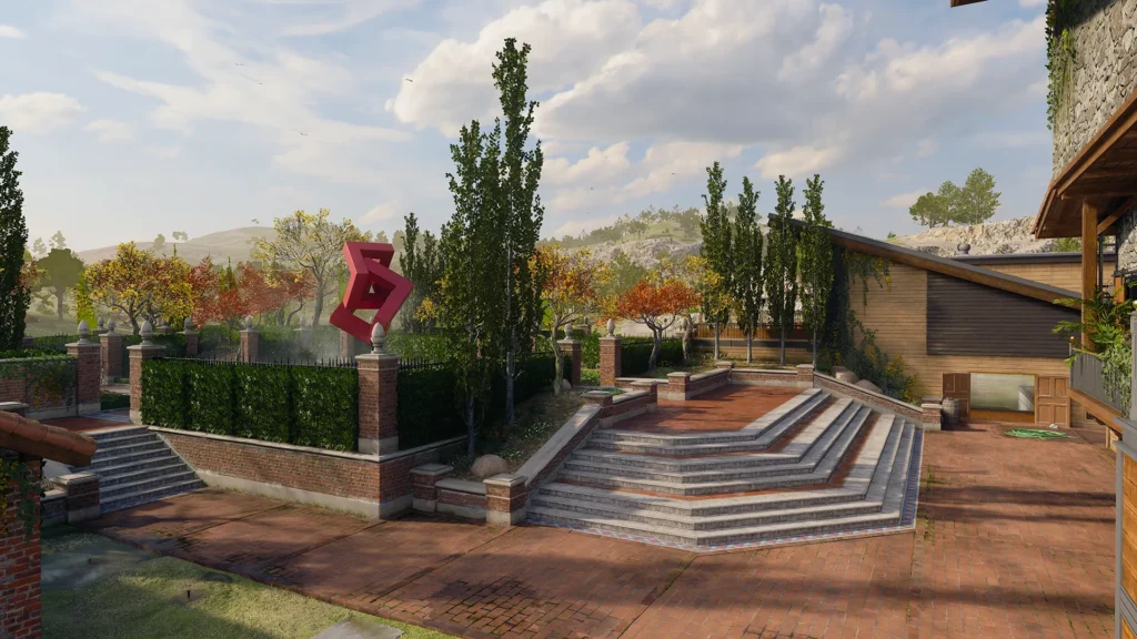 Área externa do mapa Hacienda em Call Of Duty com jardim, escadarias e ambiente aberto ideal para estratégias de combate