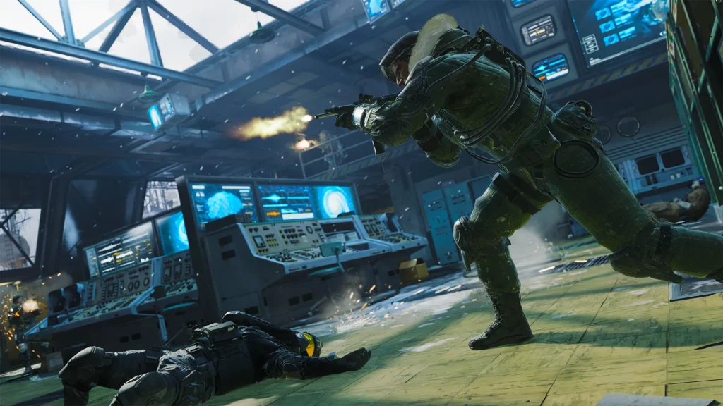 Cena de combate intenso em ambiente nevado no mapa Summit de Call Of Duty, com operadores trocando tiros entre estruturas industriais