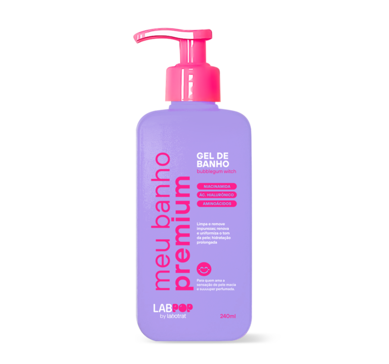 Labotrat gel de banho bubblegum witch 240ml com niacinamida e ácido hialurônico para limpeza suave.