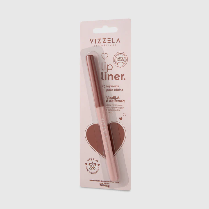 Lapiseira labial vizzela Ela É Delicada em embalagem blister com destaque para cor nude e acabamento natural.