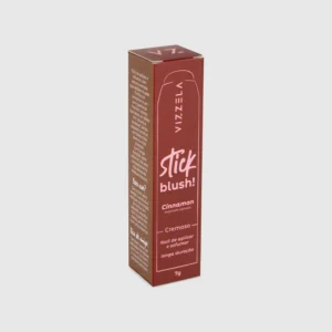Embalagem do blush stick Vizzela Cinnamon com descrição do produto, tom marrom canela e informações de uso