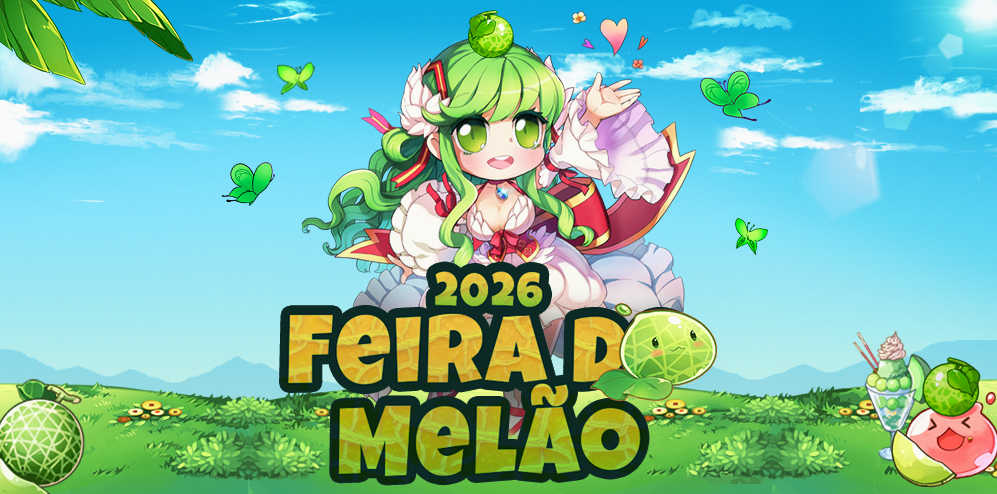 Arte promocional de Ragnarök Online LATAM mostra personagem anime em cenário colorido da Feira do Melão 2026 com elementos temáticos