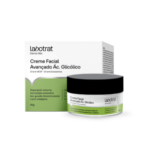Labotrat Creme Facial Avançado Ácido Glicólico com tecnologia de exossomos e bioestimuladores. O produto auxilia na renovação celular, estimula a produção de colágeno e contribui para uma pele mais uniforme e revitalizada.