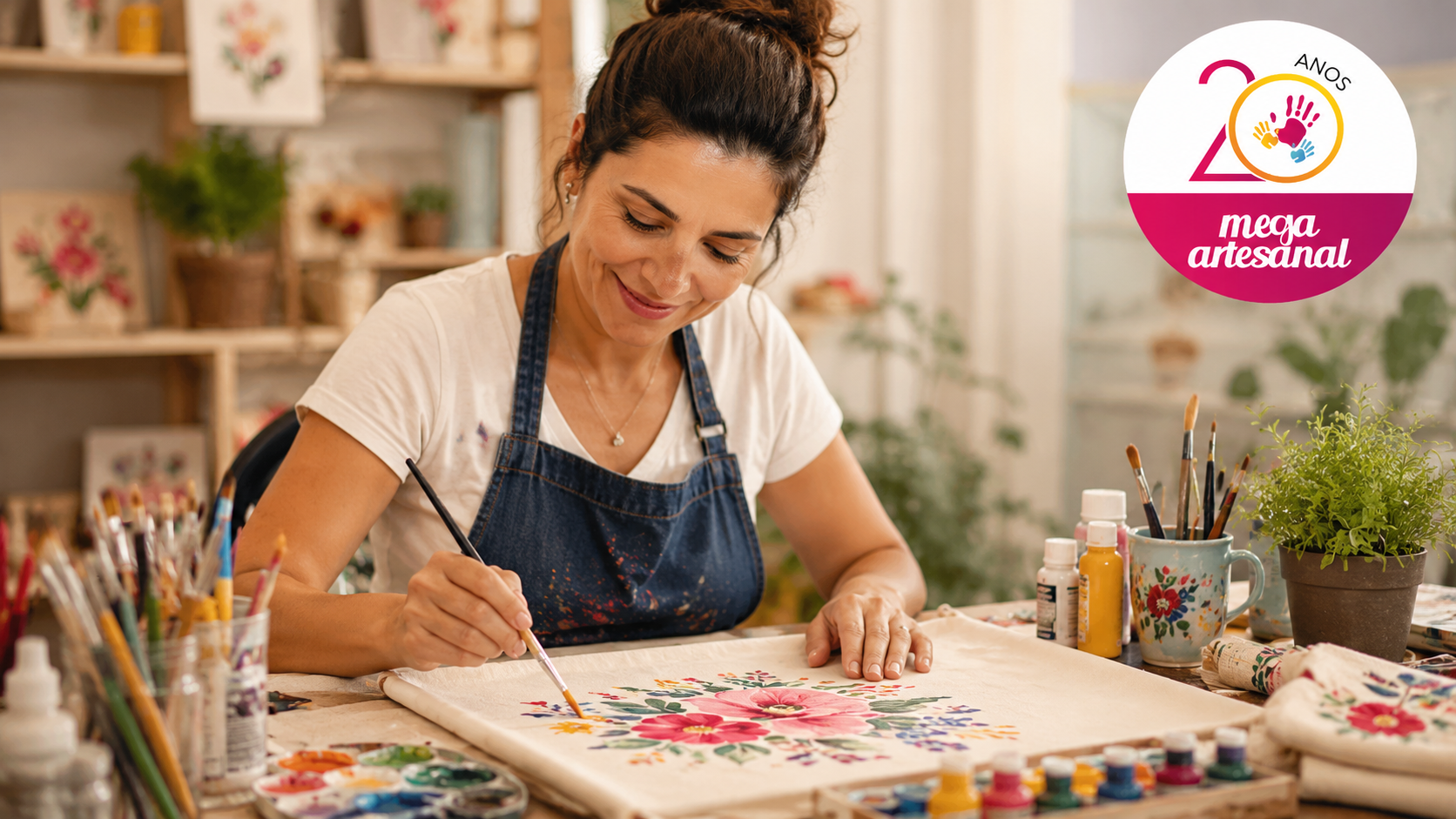 Mulher artista pinta tecido floral artesanal durante a Mega Artesanal 2026 em ambiente criativo com materiais de pintura, decoração e logo oficial comemorativo de 20 anos do evento.