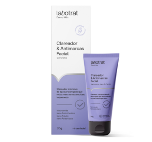 Labotrat Clareador & Antimarcas Facial em gel creme com niacinamida, ácido ferúlico, arbutin e ácido kójico. A fórmula auxilia na redução de manchas escuras, uniformização da pele e melhora da luminosidade facial.