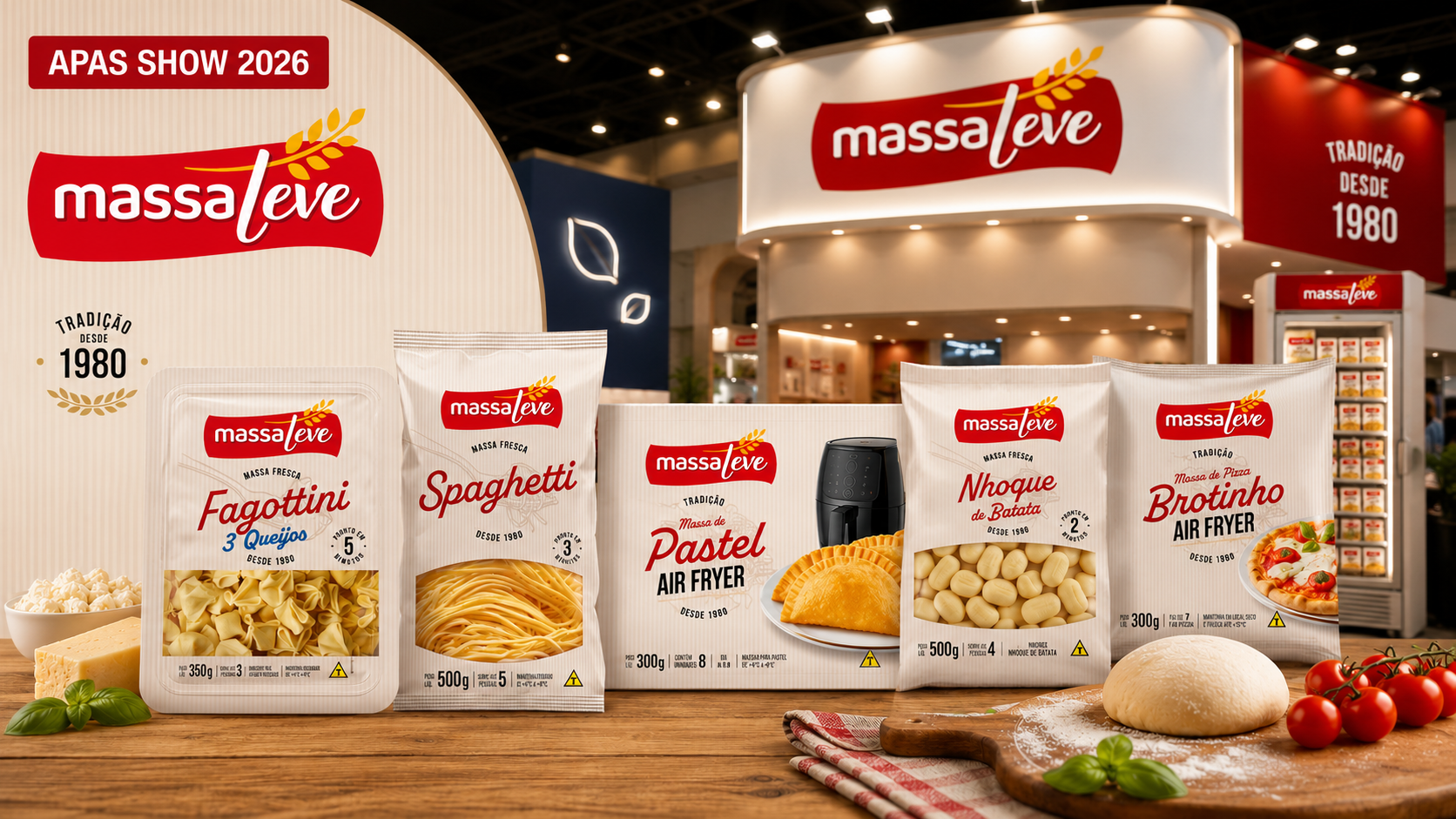 Imagem promocional da Massa Leve na APAS Show 2026 destaca nova identidade visual da marca, linha de massas resfriadas e produtos Air Fryer em estande temático.