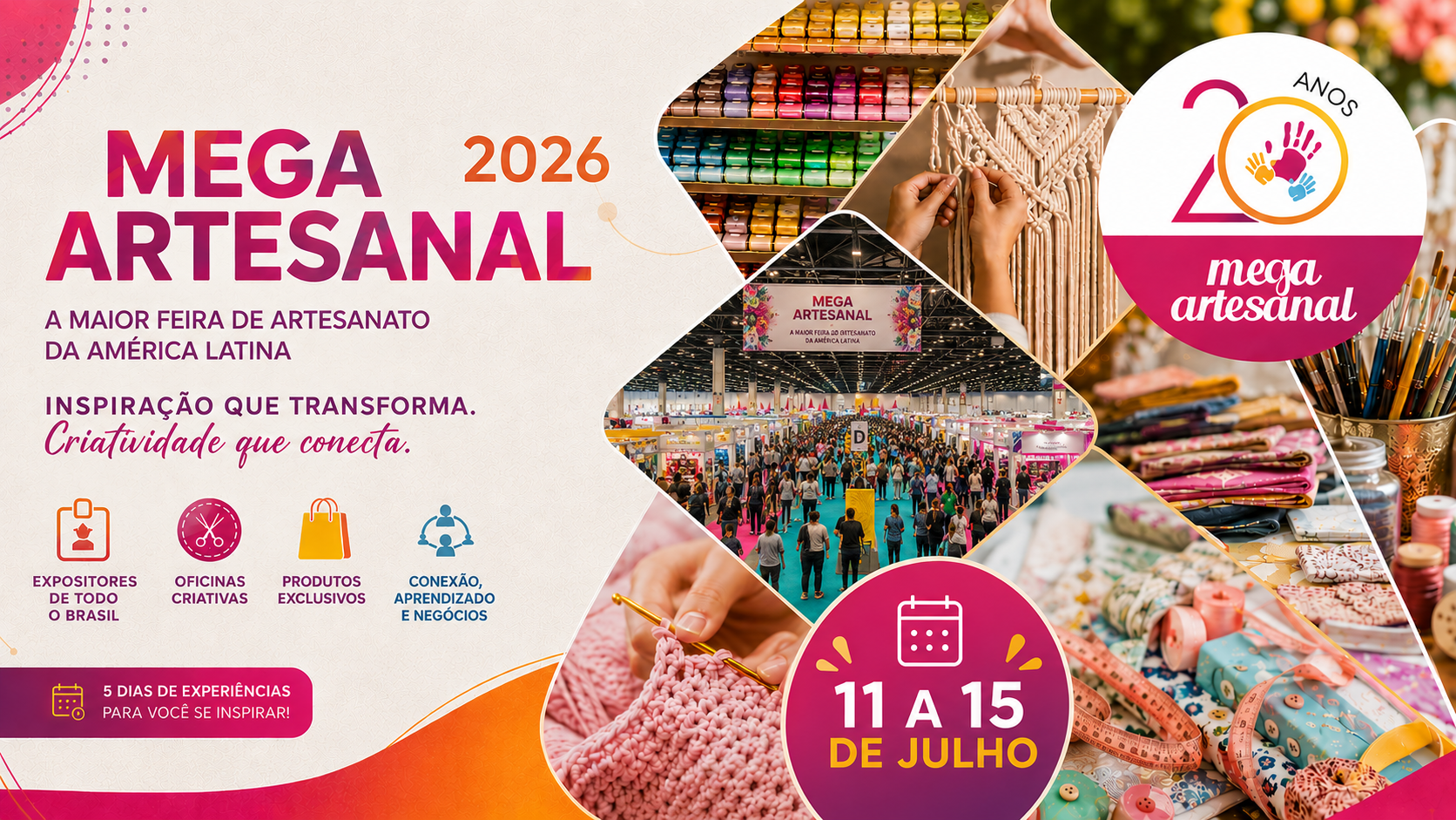 Banner promocional da Mega Artesanal 2026 mostra a feira repleta de estandes coloridos, materiais de artesanato, tecidos, linhas, bordados e oficinas criativas em São Paulo.
