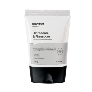 Labotrat Máscara Facial Clareadora & Firmadora de argila branca com vitamina C, niacinamida e ácido glicólico. O produto auxilia na firmeza da pele, redução de manchas e prevenção do escurecimento cutâneo.