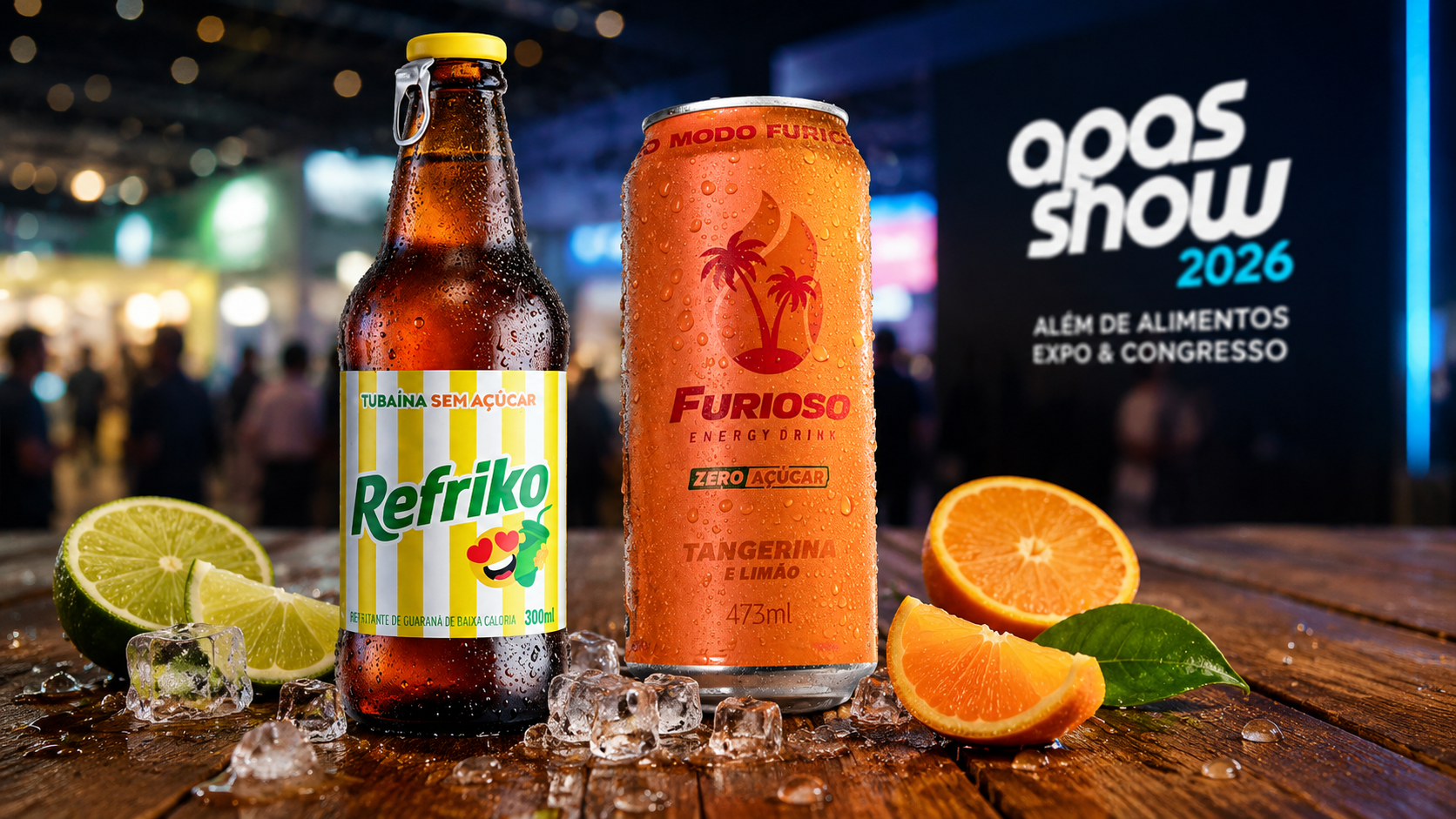 Bebidas Refriko Tubaína Zero e Furioso Tangerina e Limão Zero em destaque durante a Apas Show 2026, com cenário promocional iluminado, frutas cítricas e elementos refrescantes ao redor dos produtos.