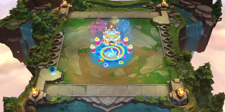 Arena comemorativa de Teamfight Tactics exibe portal festivo com bolo, arco-íris e elementos da Festa do Pingu.