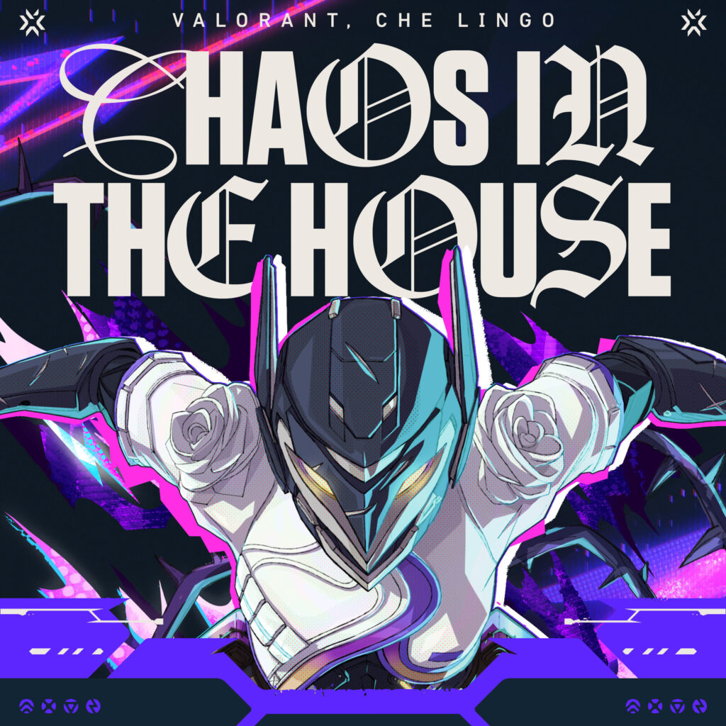 Arte promocional de VALORANT para a música “Chaos in the House” mostra agente futurista em destaque com efeitos neon roxos, visual cyberpunk e identidade visual do Masters London 2026.