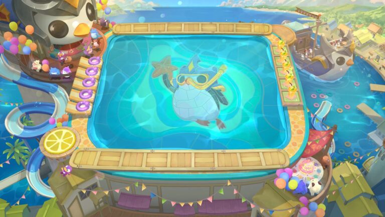 Arena temática de Teamfight Tactics mostra piscina tropical inspirada na Festa do Pingu com decoração colorida e visual comemorativo.