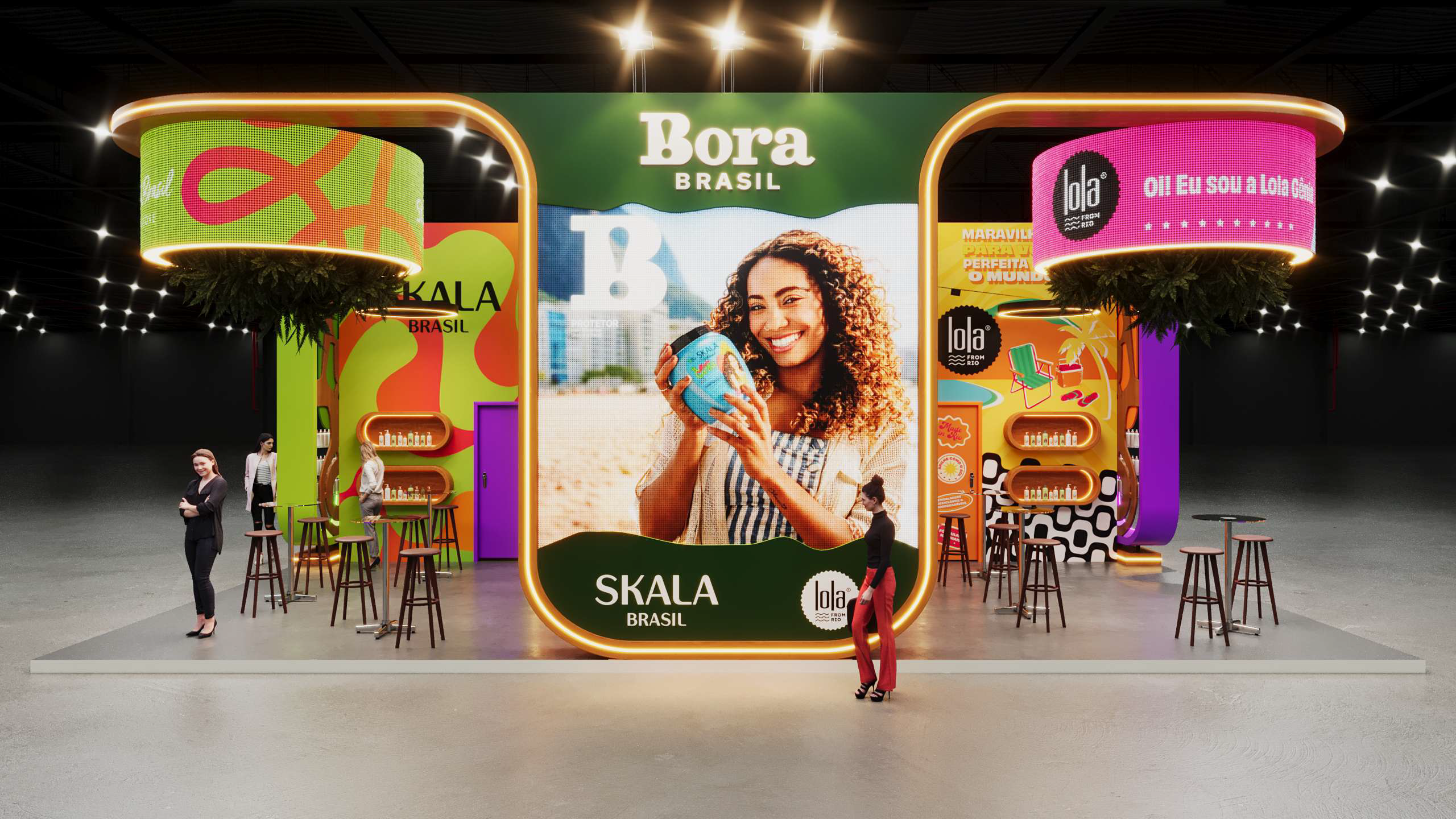 Estande do Bora Brasil na APAS SHOW 2026 destaca Skala e Lola From Rio com painéis iluminados, produtos capilares e visual colorido inspirado na brasilidade das marcas.