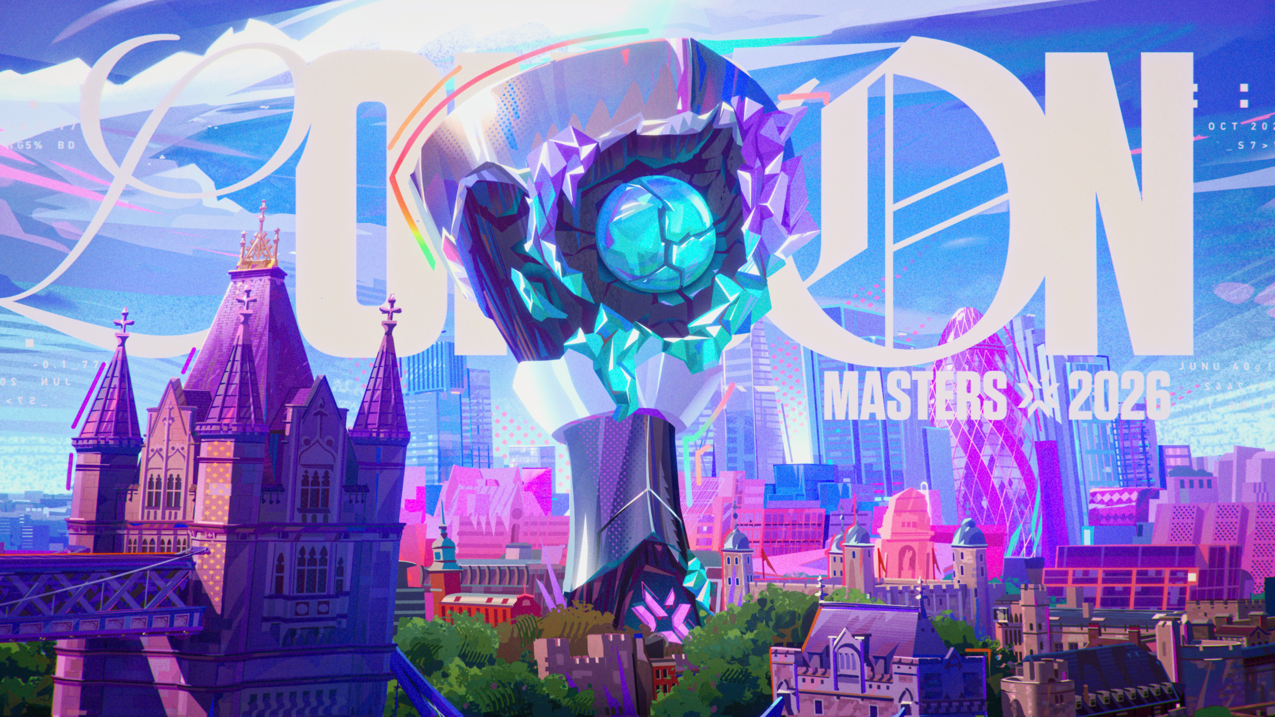 Arte promocional do VALORANT Masters 2026 mostra o troféu do torneio no centro de Londres com visual futurista em tons neon azuis e roxos.