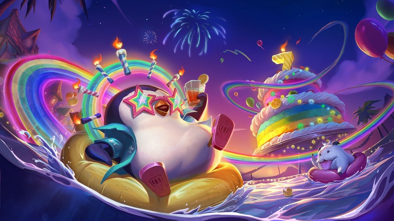 Teamfight Tactics celebra 7 anos com arte temática da Festa do Pingu, trazendo fogos, bolo gigante e clima festivo no TFT.